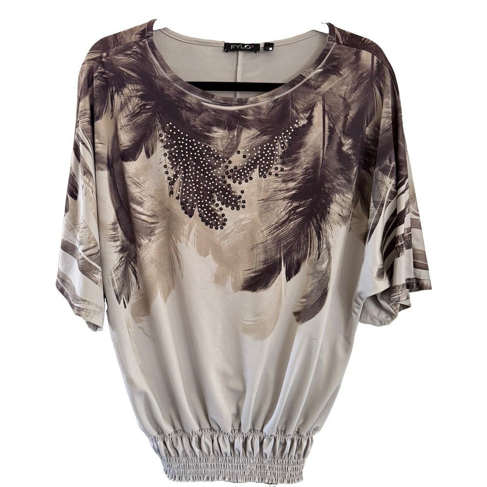 Y2K Feather Print Dolman Whimsygoth Short Slv Top W/Rhinestones Small Muted Grey